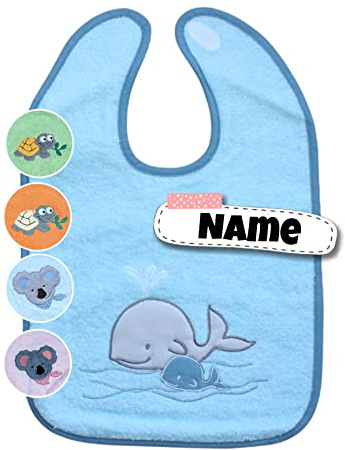 Stickling Baby Lätzchen mit Klettverschluss | 100% Bio Baumwolle | bestickt mit Namen | Riesen Lätzchen | Baby Latz | personalisiert | Spucktücher (Wal Minze)