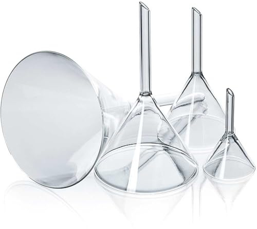 Tuuters 4x Glastrichter Set (ØMix) Borosilikatglas Trichter, hitzebeständig | Labor-Trichter mit kurzem Stiel, Glas, Chemikalienresistent, ideal für Alkohol, Parfüm, Flüssigkeiten, Kaffee und Chemie