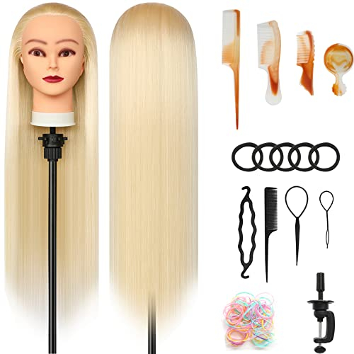 Styling Head 28 inch Training Head 100% Synthetic Fibres Hairdressing Head Hairdresser Training Heads with Free Clamp and DIY Braiding Set (Blonde)