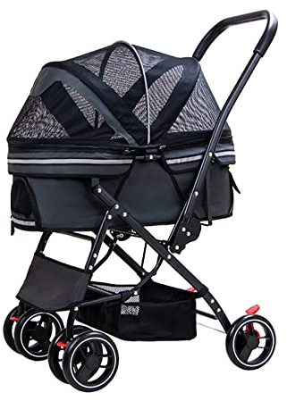 4-Rad-Reise-Kinderwagen, Hundewagen, Kinderwagen, Haustier-Kinderwagen für kleine, mittelgroße Welpen, Jogger, zusammenklappbarer Trägerwagen mit Ablagekorb, verstellbarem Baldachin, schwarz (Color