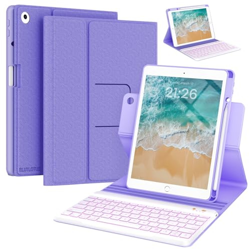 BLUTLOTUS Funda con teclado para iPad de 9.7 pulgadas, 5ª 6ª generación, rotación de 360°, funda con teclado para iPad Air 2 con soporte para lápices (2018/2017/2014), 7 colores retroiluminados, funda