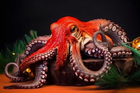adrium Acryl-Bild 110 x 70 cm: Ein Oktopus in weihnachtlicher Aufmachung. Studioporträt, Vorlage für die Winterfestzeit. Generative KI (216511727)