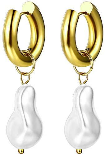 Flongo Hoop Ohrringe Perlen Gold: Damen Barocke Tropfen Ohrstecker Perlenohrringe mit hängend unregelmäßig weiß Perle Baroque Huggie Creolen Earrings Pearl Drop Edelstahl für Frauen Mädchen