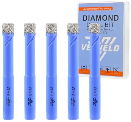 VENJELD Set Punte Trapano Diamantate - 8mm 5 Pezzi Punte per Piastrelle Ceramica Porcellana Marmo Granito - Gambo Tondo con Custodia