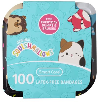 Smart Care Squishmallow Bandage Kit, Cute Bandages for Kids, Infants & Children, Latex-Free, Assorted Variety Pack with Travel Size Tin Case, 100CT