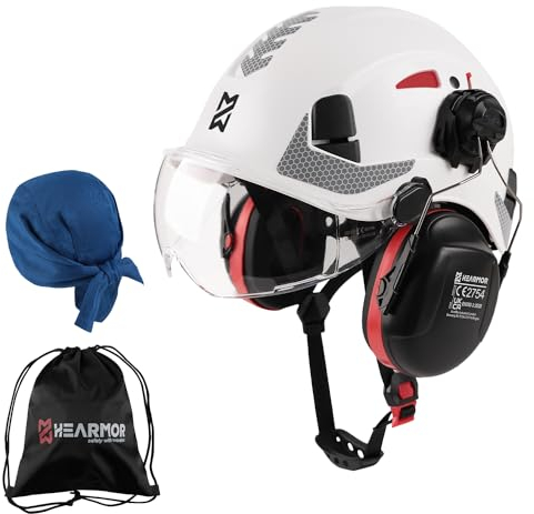 HEARMOR ANSI Z89.1 & EN397 Certified Safety Helmet/Hard Hat with Ear Protection – Lightweight Vented Work Helmet Kit, 6-Point Suspension System – Ideal for Industrial & Construction Professionals
