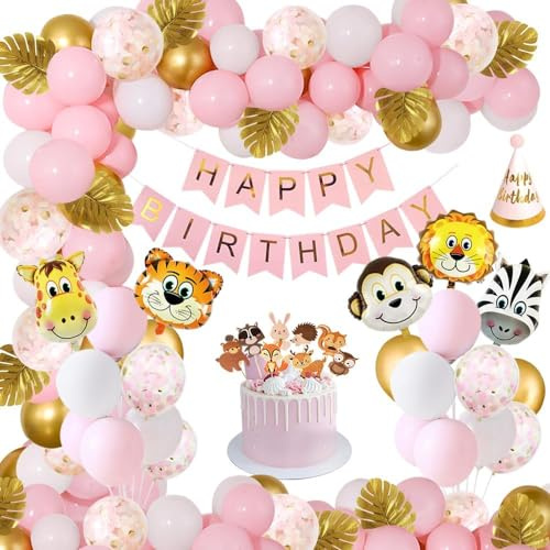 Dschungel Geburtstag Dekoration, Rosa Safari Geburtstagsdeko,Deko Safari Tier Luftballons, Happy Birthday Banner Dekoration Waldtiere Ballons Luftschlangen Dekoration für 18-60.Geburtstag
