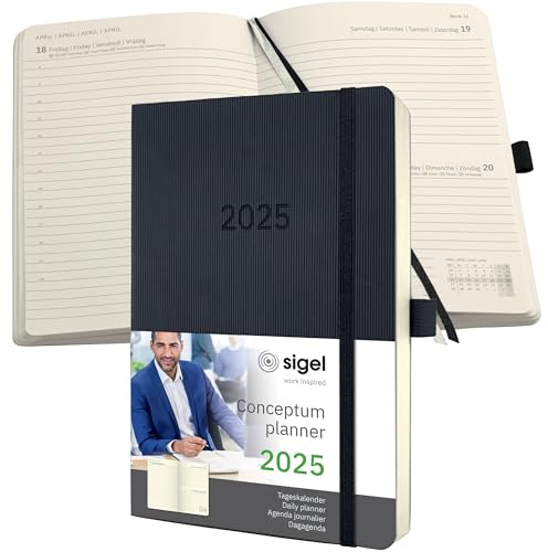 SIGEL C2520 Terminplaner Tageskalender 2025, ca. A5, schwarz, Softcover, 400 Seiten, Gummiband, Stiftschlaufe, Archivtasche, aus nachhaltigem Papier, Conceptum