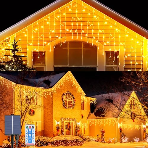 OPAHUTER Solares Cortina Luces Exterior, 5M 256LEDs Luz de Carámbano con 8 Modos, Impermeable Cortina de Luces, Control Remoto, Guirnalda Luces de Cascada para Navidad Fiesta Balcón Boda