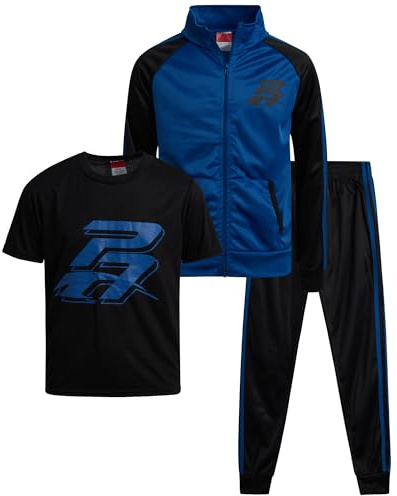 Pro Athlete Boys Tracksuit Set - 3 Piece Breathable Tricot Zip Up Sweatshirt Athletic Graphic Tees & Jogger Sweatpants, Size 12, Blue/Black