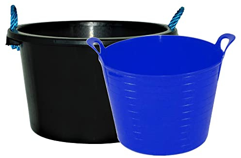 70L Rope Bucket (Black) + 42 Large Tubs | Heavy Duty Plaster Mixing Cement Water Storage Bucket | Flexi Trug Muck Bucket Garden Debris Rubbish (42l Flexi Blue, 70 Litre)