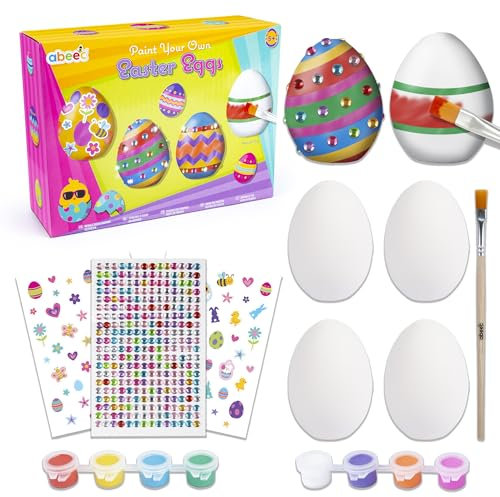 abeec Paint Your Own Ceramic Egg Craft Set – Easter Crafts for Kids – DIY Easter Egg Painting Kit with 4 Ceramic Eggs, Paint Set, Brush, Stickers & Gems – Fun Easter Decorations for Kids & Adults