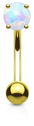 Paula & Fritz® UNIVERSAL hantelstång 14 karat äkta guld ögonbryns-n piercing 1,2 mm tjocklek syntetisk opal vit 8 mm stavlängd böjd barbell, Gult guld Syntetisk opal, Syntetisk opal