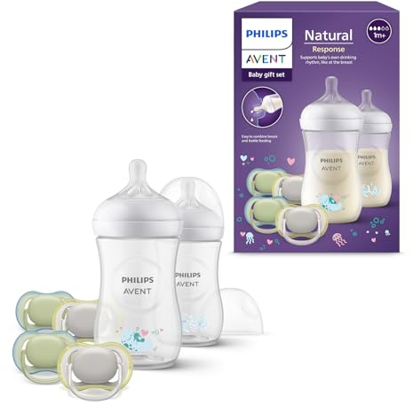 Philips Avent Natural Response set regalo per bambini: 2 biberon Natural Response da 260 ml con tettarella flusso 3 (1m+), 4 ciucci ultra air (modello SCD837/13)