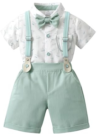Volunboy Bebis pojkar gentleman set, kortärmad skjorta med fluga + korta sommarbyxor 4 delar kostymkläder, Ljusgrön, 2-3 años
