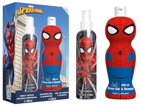 Il set regalo con profumo di Spiderman include spray corpo naturale Eau de Cologne (200ml) e bagnoschiuma e shampoo 2 in 1 per capelli e corpo (400 ml), set regalo vegano per bambini