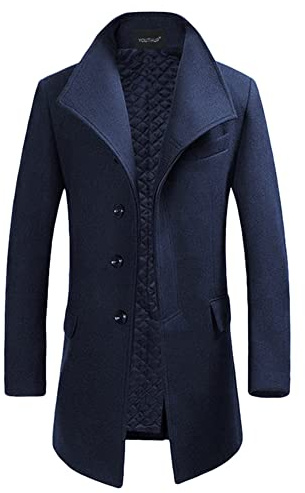 YOUTHUP Manteau Homme Chaud d'Hiver Longue en Laine Trench-Coat Parka Bombers Slim Fit Outwear Manteau Longue Business d'Affaire, Marine Bleu, XL