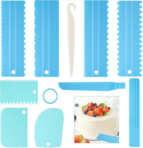 9PCS Cake Scraper Set with Cake Scraper Smoother Set, Adjustable Icing Scraper Polisher Tool, Cake Decorating Comb, Icing Smoother Plastic Sawtooth,Cake Icing Kitchen Baking Cake Edge(Blue)