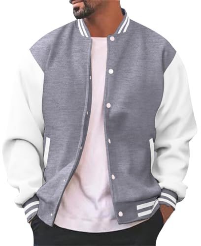 Chaqueta varsity para hombre, estilo casual, Slim Fit, algodón, estilo Letterman, béisbol, bomber, clásica universitaria, chaqueta de transición para hombre, gris, 3XL