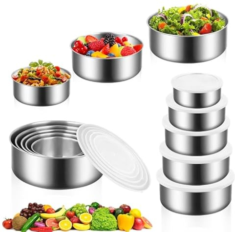 DAKLUNAR Lot de 5 saladiers en acier inoxydable avec couvercle, 280 ml, 450 ml, 730 ml, 1080 ml, 1580 ml, passent au lave-vaisselle, empilables pour cuisiner, mélanger
