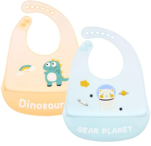Vicloon Baberos de Alimentación para Bebés, 2Pcs Baberos de Silicona con Recolector Alimentos, Impermeables/Suave Ajustable/Fácil de Limpiar, Baberos para Bebes Unisex, Oso y Dinosaurio