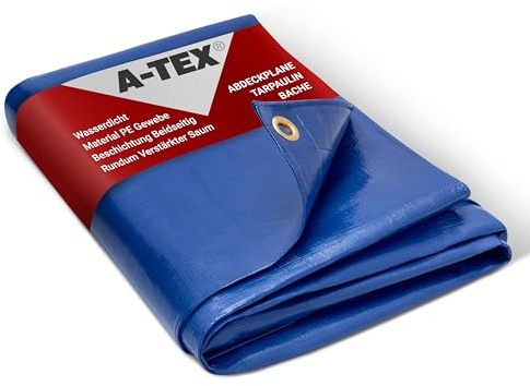 A-TEX® Abdeckplane 260g/m² (Blau, 8 x 10 m) | Verschiedene Stärken, Größen und Farben wählbar | Plane mit Ösen | Gewebeplane Gartenplane BAU Zelt Holzplane | wasserdicht | reißfest | UV-stabilisiert
