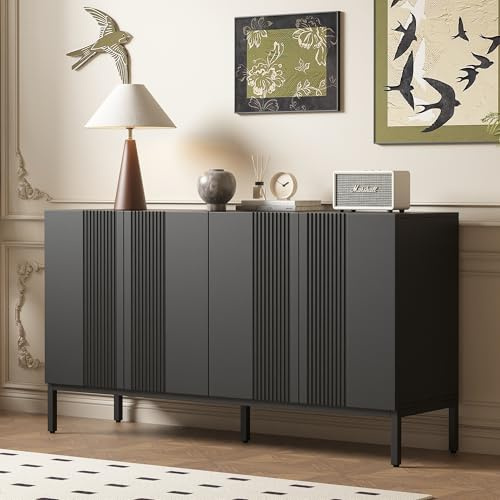 Merax Sideboard mit 4 Türen, Moderne Buffetschrank Mehrzweckschrank mit Verstellbare Ablage, Griffloses Design, Beistellschrank für Wohnzimmer, Esszimmer, Flur, Küche, Metallgestell, Schwarz, 145cm