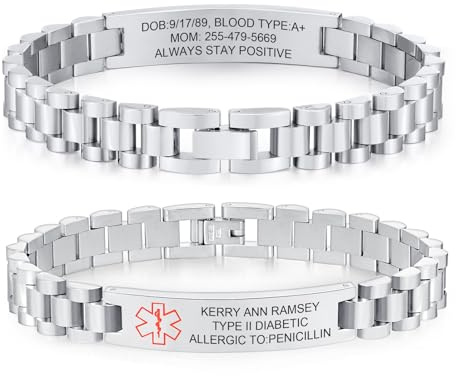 XUANPAI Notfallarmband Personalisierte Medizinisches Alarm Armband mit Gravur - Edelstahl SOS ID Armband Diabetes Epilepsie Allergie Telefonnummer Notfall Armbänder Verstellbare mit Knebelverschluss