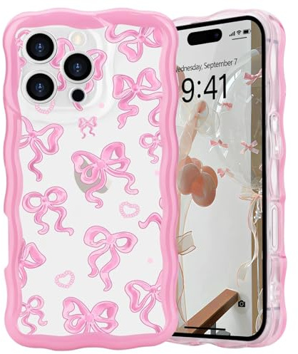 L-FADNUT for iPhone 16 Pro Case Cute Bow Wave Frame Clear, Pink Bow | Curly Wavy Frame Girly Bow Ribbon Pretty Phone Case, Soft Wave Slim Silicone Shockproof Anti-scratch Cover for Women Girls