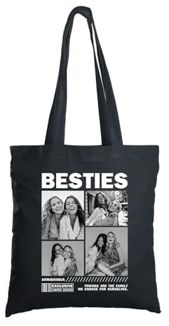 Herz & Heim® Personalisierter Stoffbeutel mit Fotos & Wunschtext – Magazin-Cover-Design – Schwarze Baumwolltasche mit Text & Bildern – Geschenk mit eigenen Fotos & Text