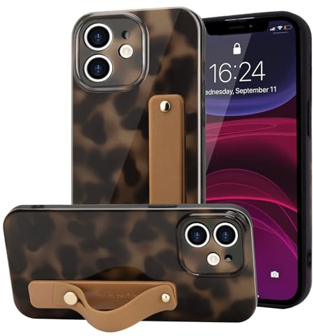 LAPOPNUT for iPhone 11 Case Strap Leopard Tortoise Print, Yellow | Cheetah Amber Pattern Phone Cover, Adjustable Finger Wrist Stand Holer, Cute for Women Girls Men,TPU Bumper Shell, Protecion