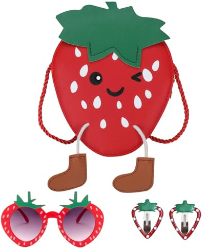 KASESSS Handtasche Mädchen Erdbeere, Umhängetasche Mädchen PU Leder, Kleine Handtasche Kinder Mädchen, Kinder Handtasche Mädchen, Mädchen Handtasche mit Sonnenbrillen und Haarklammern (Rot)