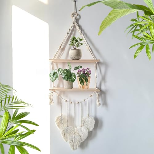 Whoiy 2 Tier Makramee Regal Wandregal Holz Makramee Wandbehang, Regal Wand Schlafzimmer Schweberegal Handgewebte Hängeregal Schwimmende Regale Wanddeko Wohnzimmer