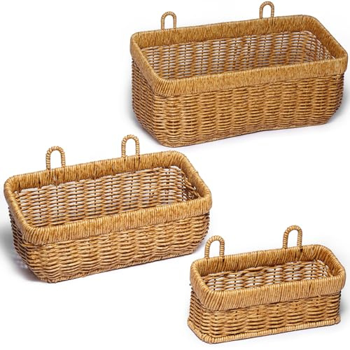 FRONDENT 3 PZS Fruteros Para Colgar,Cesta De Almacenamiento Para La Cocina Tejida a Mano,Recipientes Decorativo De Mimbre De Estilo Rústico,Para Despensas, Cocinas y Encimeras De Baño(Amarillo-Juego)