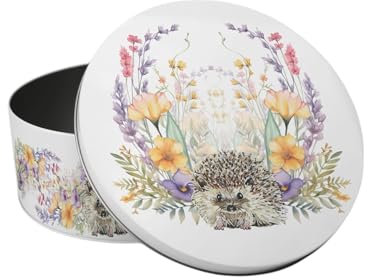 Purely Home Floral Hedgehog Small Cake Tin - Flowers & Wildlife Kitchen Gifts for Nature Lovers - Round Metal Storage Container for Baking 18 x 7cm