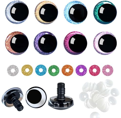 Joyek Sicherheitsaugen 25mm – 32 Stück Große Bastelaugen mit bunten Glitzer-Unterlegscheiben – Für große Amigurumi & DIY Plüschtiere