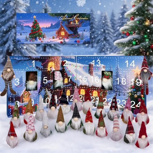 Tomte adventskalender 2025, unik adventskalender med 24 tomtar plyschdjur