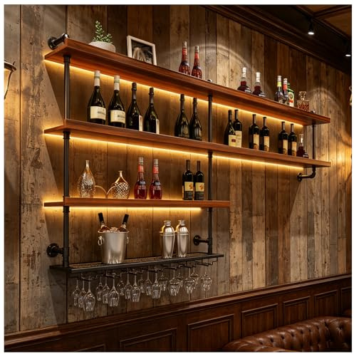TAUODUYY Wandmontiertes Weinregal mit LED-Licht, Massivholz Modernes wandmontiertes Weinregal, Schwebende Barregale mit Glashalter, für die Hausbar, Küche Esszimmer (150cm)