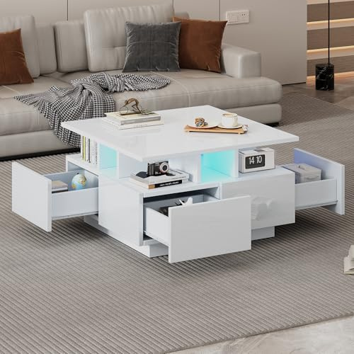 Aunvla 70 * 70 * 40cm Wohnzimmer teetisch, Hochglanz kaffeetisch, Couchtisch mit LED licht, sofatisch mit 4 schubladen,Beistelltisch mit geometrische Design, Weiß, Gesamttragkraft 30kg