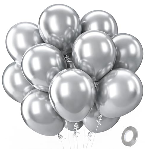 QIFU Metallic Silver Balloons 100 Pack - 12 Inch Strong Thicken Metallic Silver Birthday Balloon Round Helium Balloons for Birthday Party Decorations Engagement Anniversary Graduation New Year