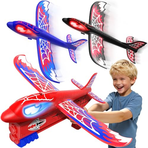 Aereo Giocattolo Lanciatore con 3 Aerei in Polistirolo, Occhi Luminosi e Ali Ragnatela Stile S-pider,Giocattolo da Esterno Bambini 3 4 5 6 7 8 9 Anni,Regalo Bambini 3-12 Anni Maschio Compleanno Natale