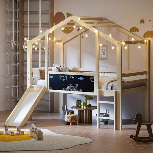 Vepssder Lit cabane Enfants 90x200,lit Enfant cabane avec Toboggan,Panneau Graffiti,lit superposé Enfant 90x200 lit Enfant mi Hauteur en Bois,lit Mezzanine 1 Place Enfant escalier (Naturel)