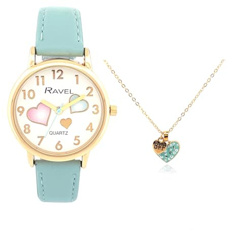 Ravel - Set Regalo per Bambine Little Gems con Orologio Dorato e Collana a Forma di Cuore - Quarzo Analogico - R2232.6 - Blu