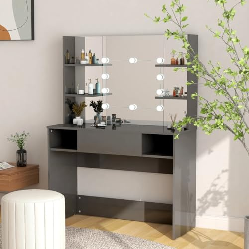 HaoChrymec Toeletta da Trucco con Luci LED in MDF Grigio Lucido, Design Moderno con Ampio Piano e Specchio, Tavolino da Toilette Illuminato per Camera da Letto o Spogliatoio,100x40x135 cm