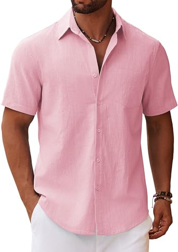 COOFANDY Camisa de Manga Corta para Hombre Camisa de Verano Camisa de Lino Casual Camisas de Algodón con Bolsillo Camisas en el Pecho de Playa Vacaciones Rosa M