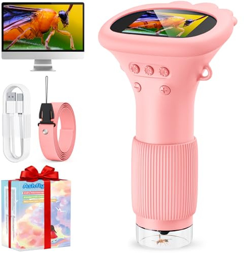 Mikroskop für Kinder, Ashfly 1000X Taschenmikroskop mit 2,0 IPS-Bildschirm USB Microscope Lupe, 8 LED Lights -Anschluss an PC, Mini-Kindermikroskop für Ostern Spielzeug - Pink