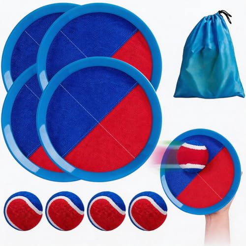 EduPlayte Klettballspiel Klettball Set, Gartenspielzeug Kinder, 4 Schläger Und 4 Bälle, Fangballspiel mit Fangscheiben Bälle für Outdoor Party,Garten,Innen Draußeng ﻿