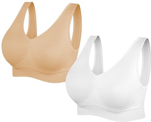 SIMIYA Super Comfort Bra, Womens Sports Bras Removable Pads Plus Size Sleep Bras for Girls in Yoga Bralette Leisure Stretch Crop Tops Vest (L, 2 Pack White+Beige)