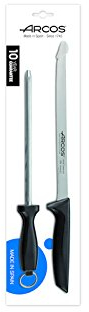 Arcos Serie Niza - Caja 6 uds. Set Jamonero 2 pzas. (Jamonero + Afilador) - Hoja de Acero Inoxidable NITRUM de 240 mm - Mango de Polipropileno Color negro (6 x 2 UDS / 12 UDS en total)