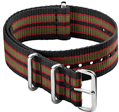 Archer Watch Straps - Classic Military Style Nylon Watch Bands (Black/Red/Green, 22mm)